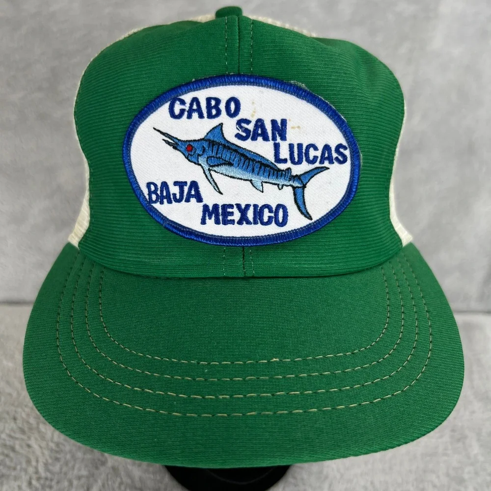 Vintage Cabo San Lucas Marlin Trucker Hat Green Mexico Fishing Mesh Snapback